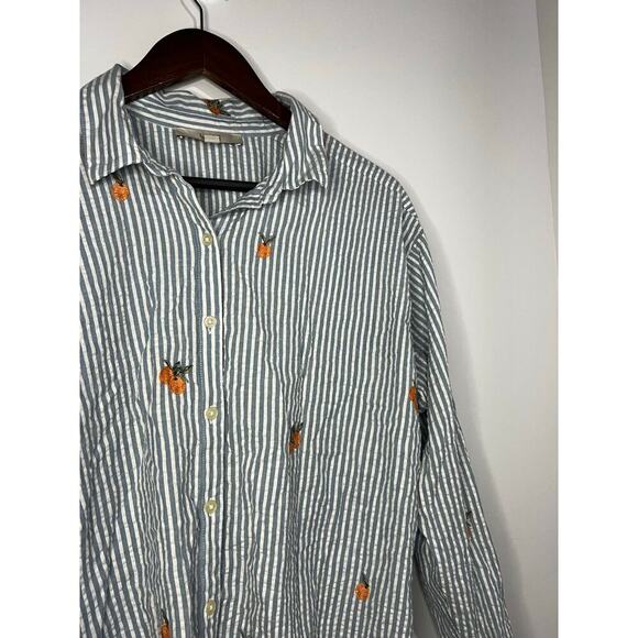 LOFT Embroidered Orange Striped Seersucker Oversized Tunic Shirt - Picture 2 of 6